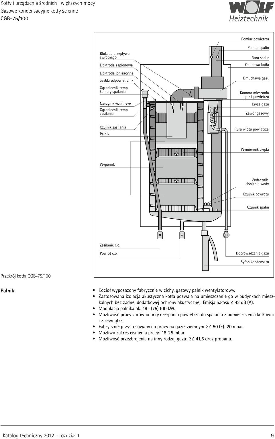 Wyłącznik ciśnienia wody Czujnik powrotu Czujnik spalin Zasilanie c.o. Powrót c.o. Doprowadzenie gazu Syfon kondensatu Przekrój kotła Palnik Kocioł wyposażony fabrycznie w cichy, gazowy palnik wentylatorowy.