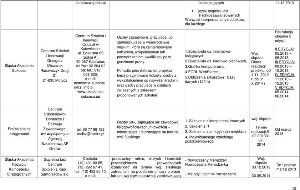 Szkoleń i Innowacji Oddział w Katowicach: ul. Sokolska 65 (pokój A), 40-087 Katowice, tel./fax: 32 204 02 58; tel.: 512 058 626, e-mail: academia-sukcesu @csi.info.pl, www.akademiasukcesu.