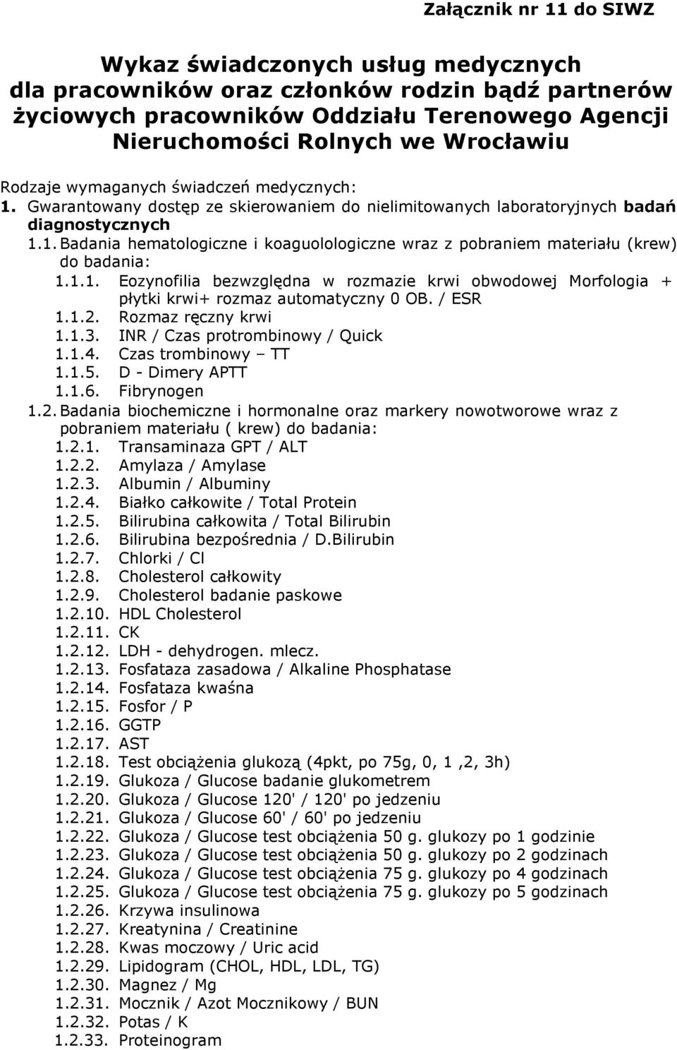 1.1. Eozynofilia bezwzględna w rozmazie krwi obwodowej Morfologia + płytki krwi+ rozmaz automatyczny 0 OB. / ESR 1.1.2. Rozmaz ręczny krwi 1.1.3. INR / Czas protrombinowy / Quick 1.1.4.