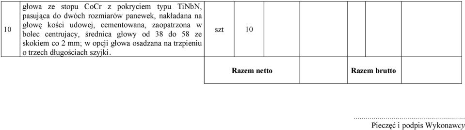 centrujacy, średnica głowy od 38 do 58 ze skokiem co 2 mm; w opcji głowa