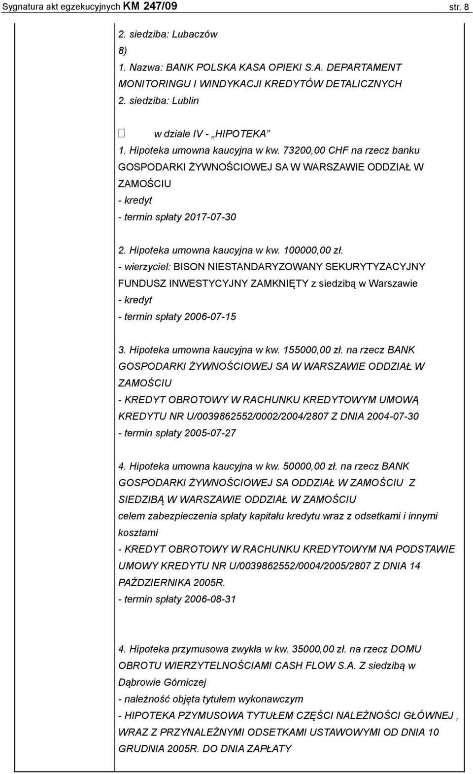 Hipoteka umowna kaucyjna w kw. 100000,00 zł. - wierzyciel: BISON NIESTANDARYZOWANY SEKURYTYZACYJNY FUNDUSZ INWESTYCYJNY ZAMKNIĘTY z siedzibą w Warszawie - kredyt - termin spłaty 2006-07-15 3.