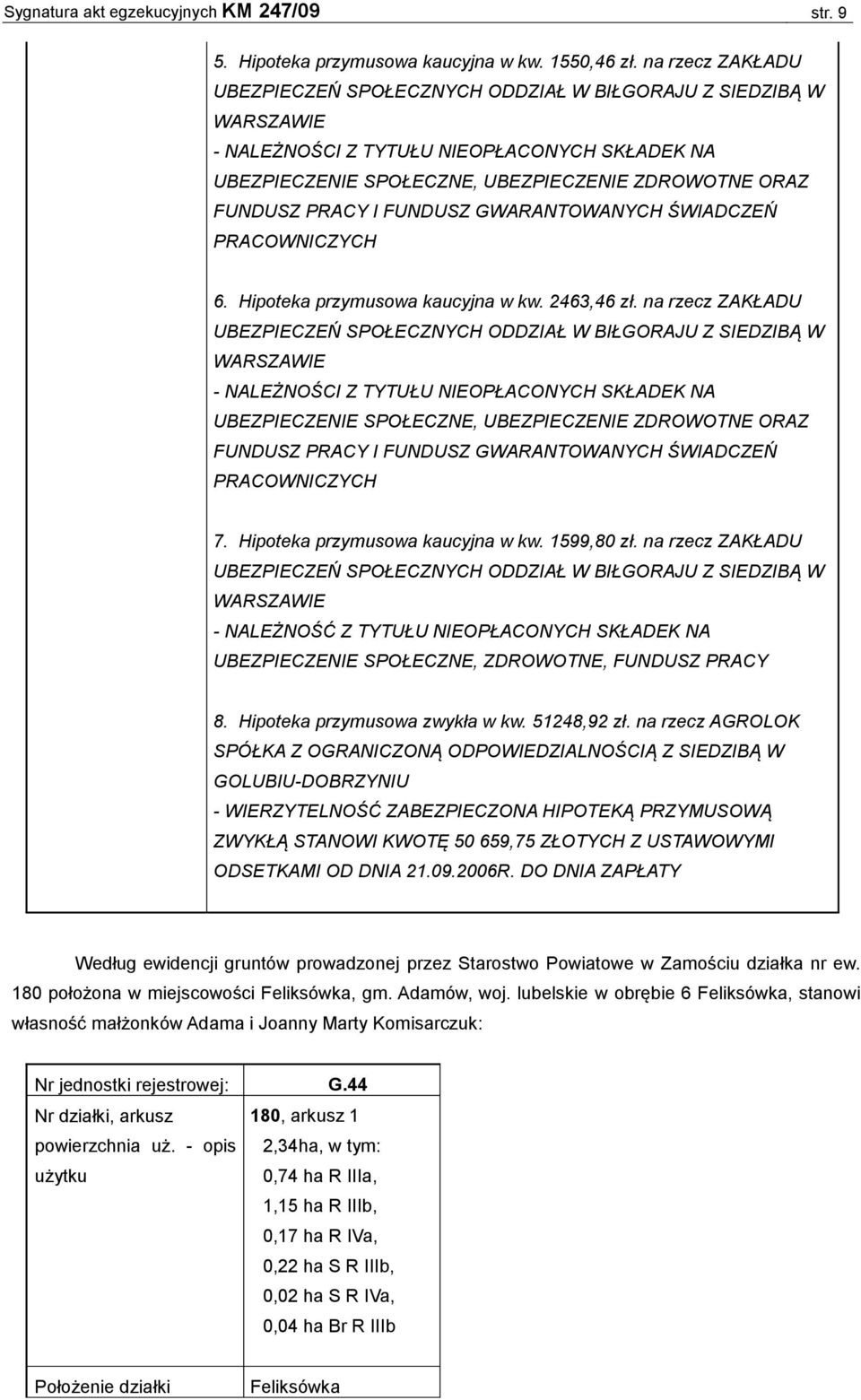 I FUNDUSZ GWARANTOWANYCH ŚWIADCZEŃ PRACOWNICZYCH 6. Hipoteka przymusowa kaucyjna w kw. 2463,46 zł.  I FUNDUSZ GWARANTOWANYCH ŚWIADCZEŃ PRACOWNICZYCH 7. Hipoteka przymusowa kaucyjna w kw. 1599,80 zł.