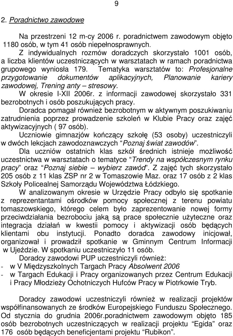 Tematyka warsztatów to: Profesjonalne przygotowanie dokumentów aplikacyjnych, Planowanie kariery zawodowej, Trening anty stresowy. W okresie IXII 2006r.