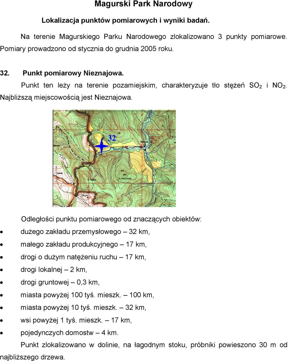 32 Odległości punktu pomiarowego od znaczących obiektów: dużego zakładu przemysłowego 32 km, małego zakładu produkcyjnego 17 km, drogi o dużym natężeniu ruchu 17 km, drogi lokalnej 2 km, drogi