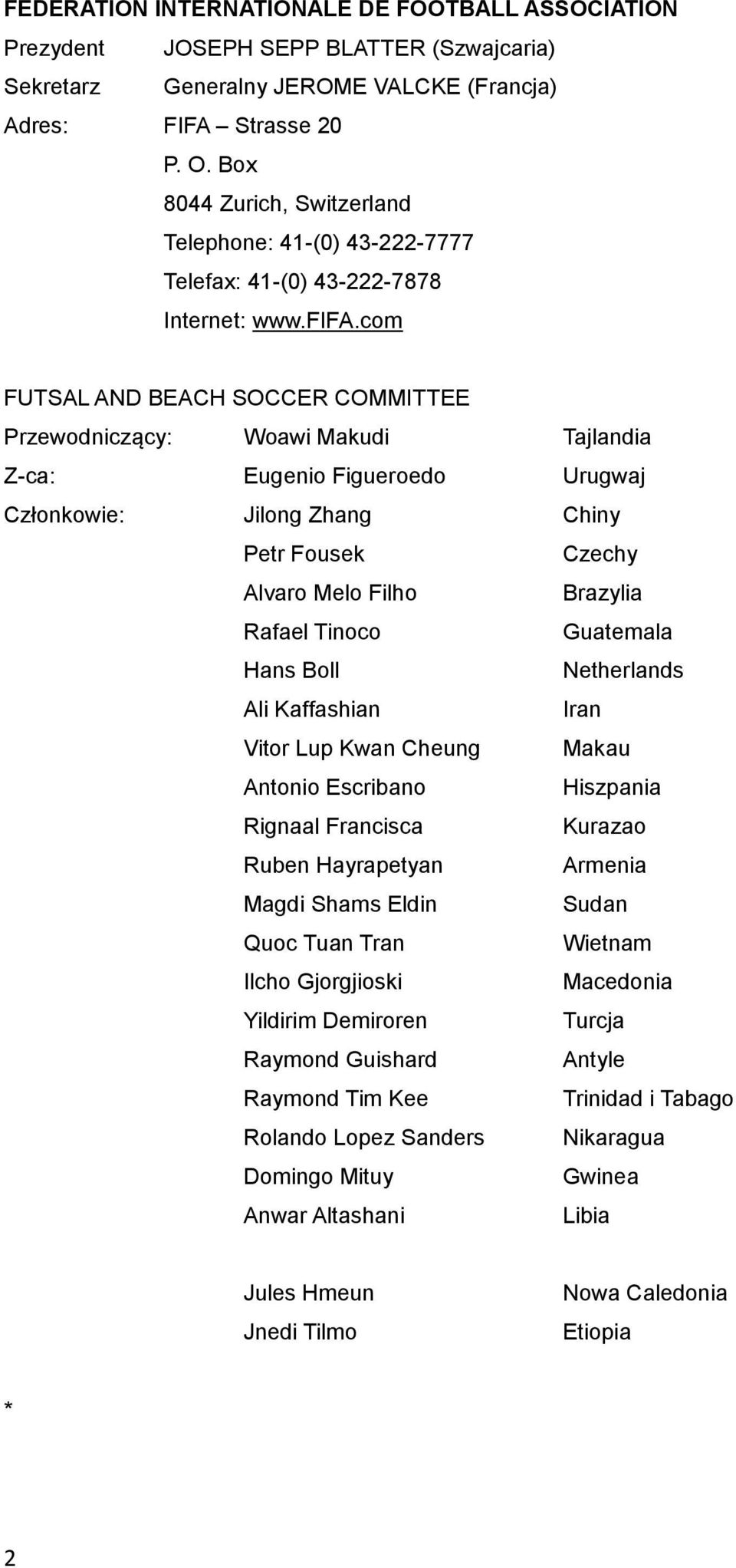 com FUTSAL AND BEACH SOCCER COMMITTEE Przewodniczący: Woawi Makudi Tajlandia Z-ca: Eugenio Figueroedo Urugwaj Członkowie: Jilong Zhang Chiny Petr Fousek Czechy Alvaro Melo Filho Brazylia Rafael