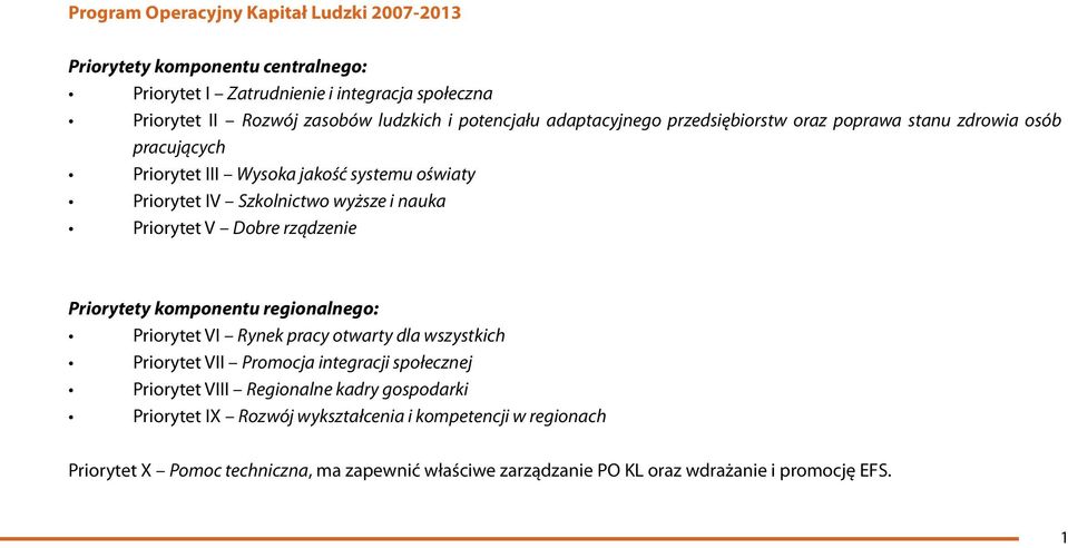 Priorytet V Dobre rządzenie Priorytety komponentu regionalnego: Priorytet VI Rynek pracy otwarty dla wszystkich Priorytet VII Promocja integracji społecznej Priorytet VIII