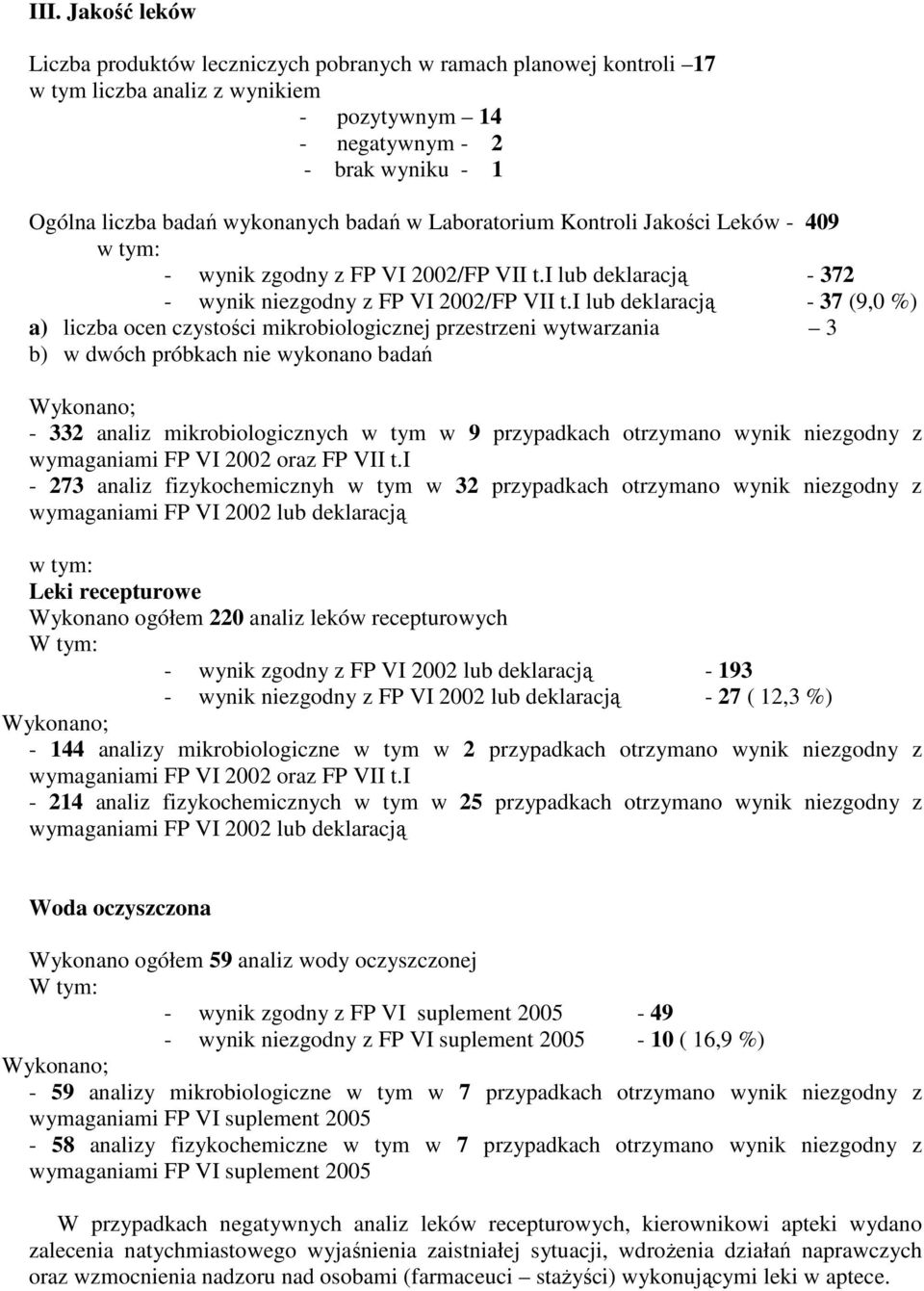 i lub deklaracją 37 (9,0 %) a) liczba ocen czystości mikrobiologicznej przestrzeni wytwarzania 3 b) w dwóch próbkach nie wykonano badań Wykonano; 332 analiz mikrobiologicznych w tym w 9 przypadkach