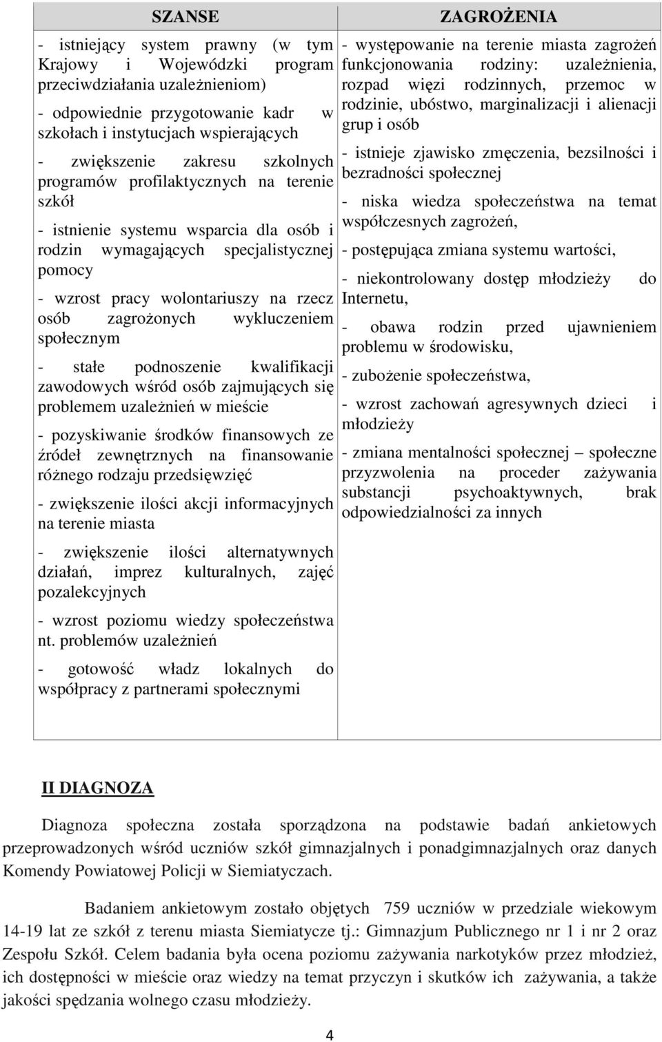 wykluczeniem społecznym - stałe podnoszenie kwalifikacji zawodowych wśród osób zajmujących się problemem uzależnień w mieście - pozyskiwanie środków finansowych ze źródeł zewnętrznych na finansowanie