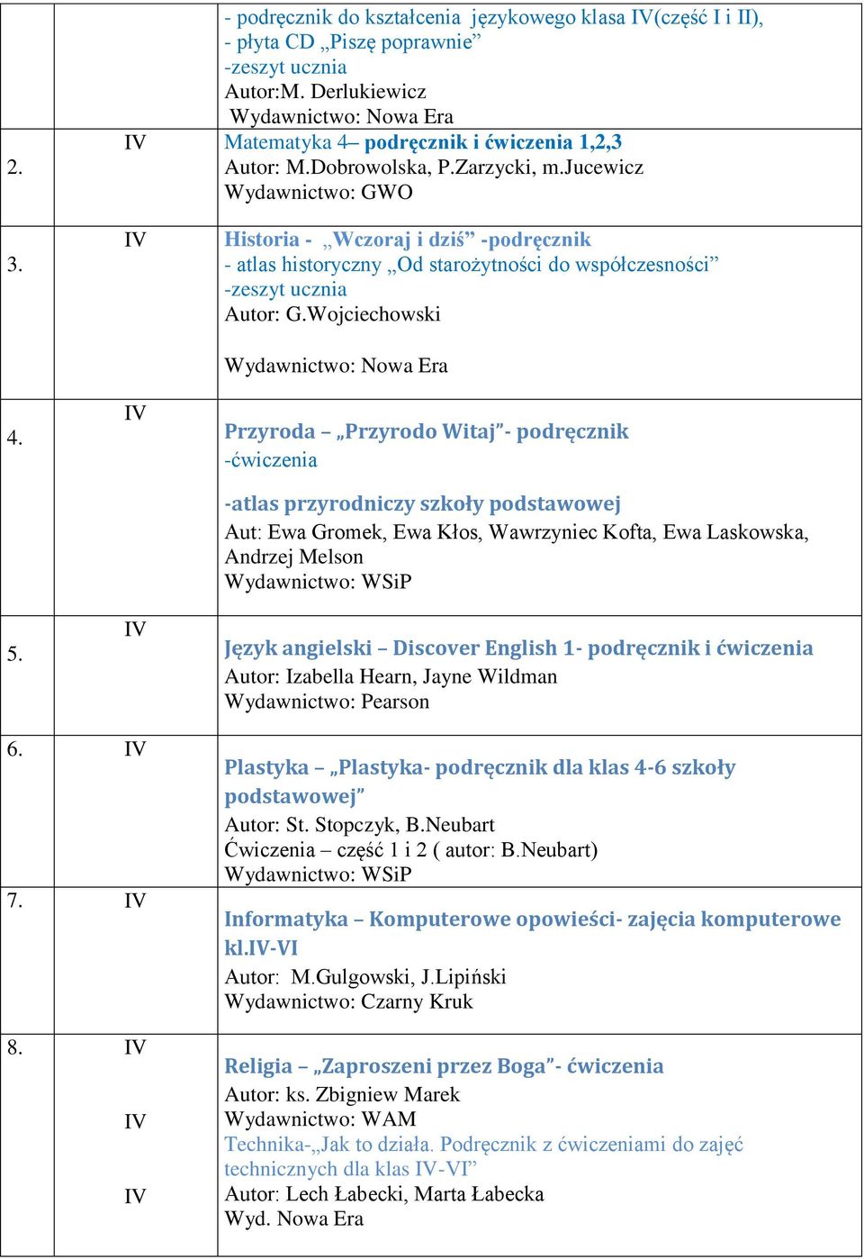 Wojciechowski Przyroda Przyrodo Witaj - podręcznik -ćwiczenia -atlas przyrodniczy szkoły podstawowej Aut: Ewa Gromek, Ewa Kłos, Wawrzyniec Kofta, Ewa Laskowska, Andrzej Melson Język angielski