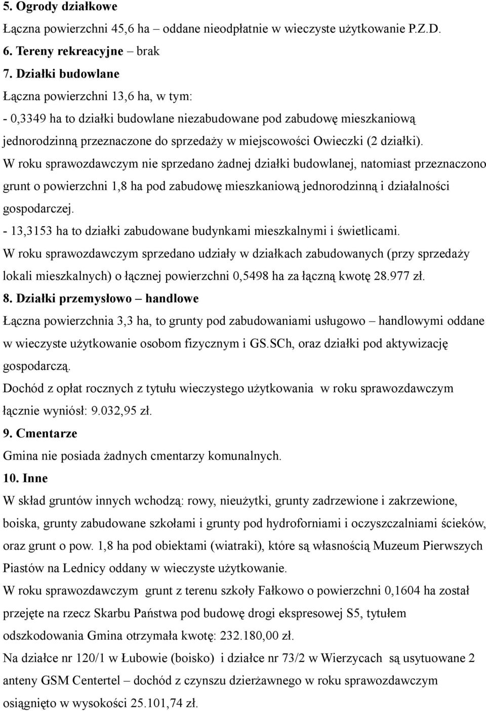 działki). W roku sprawozdawczym nie sprzedano żadnej działki budowlanej, natomiast przeznaczono grunt o powierzchni 1,8 ha pod zabudowę mieszkaniową jednorodzinną i działalności gospodarczej.