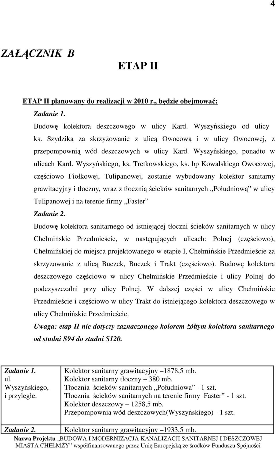 bp Kowalskiego Owocowej, częściowo Fiołkowej, Tulipanowej, zostanie wybudowany kolektor sanitarny grawitacyjny i tłoczny, wraz z tłocznią ścieków sanitarnych Południową w ulicy Tulipanowej i na