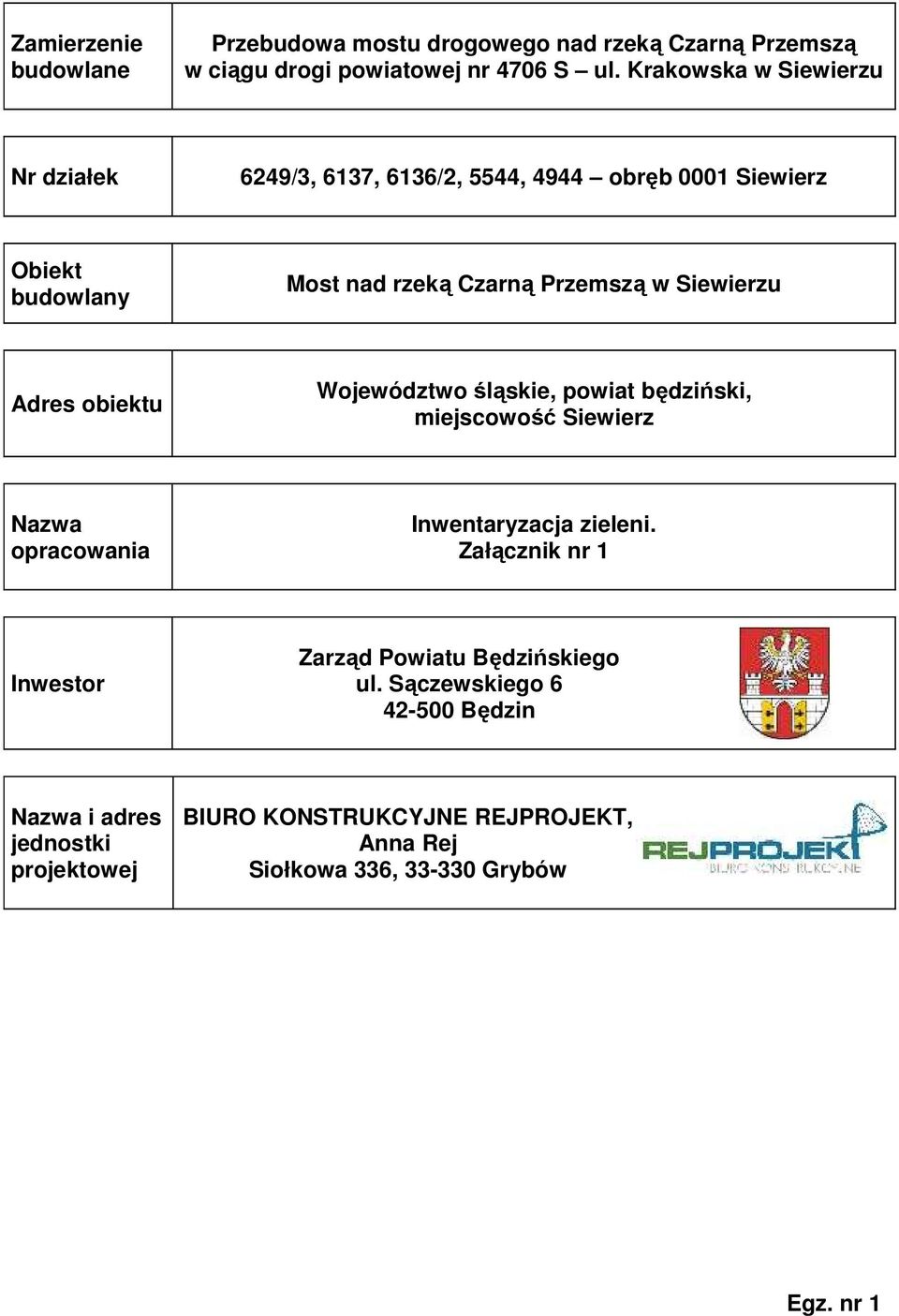 Siewierzu Adres obiektu Województwo śląskie, powiat będziński, miejscowość Siewierz Nazwa opracowania Inwentaryzacja zieleni.