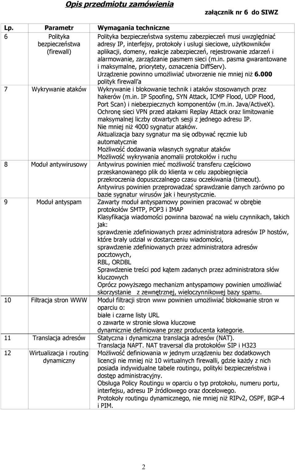 Urządzenie powinno umożliwiać utworzenie nie mniej niż 6.000 polityk firewall a 7 Wykrywanie ataków Wykrywanie i blokowanie technik i ataków stosowanych przez hakerów (m.in. IP Spoofing, SYN Attack, ICMP Flood, UDP Flood, Port Scan) i niebezpiecznych komponentów (m.