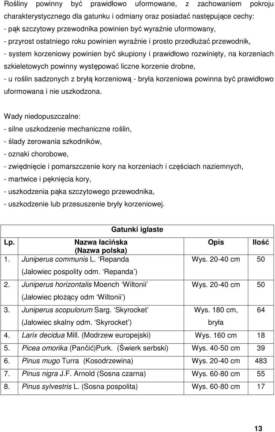 występować liczne korzenie drobne, - u roślin sadzonych z bryłą korzeniową - bryła korzeniowa powinna być prawidłowo uformowana i nie uszkodzona.