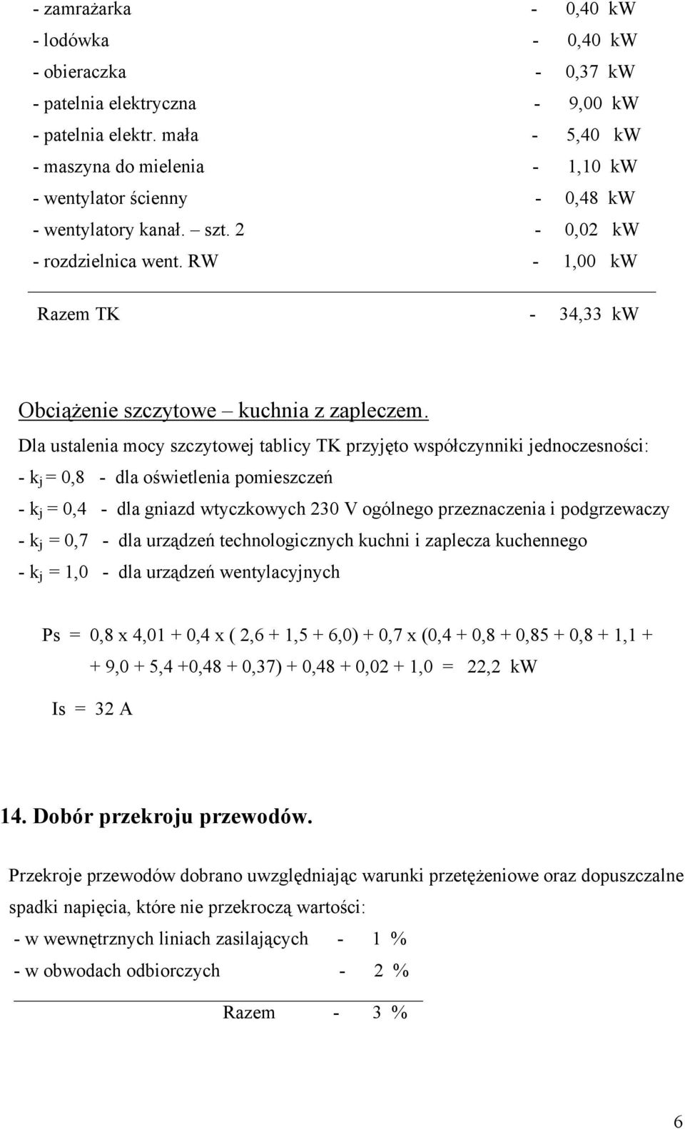 RW - 1,00 kw Razem TK - 34,33 kw Obciążenie szczytowe kuchnia z zapleczem.