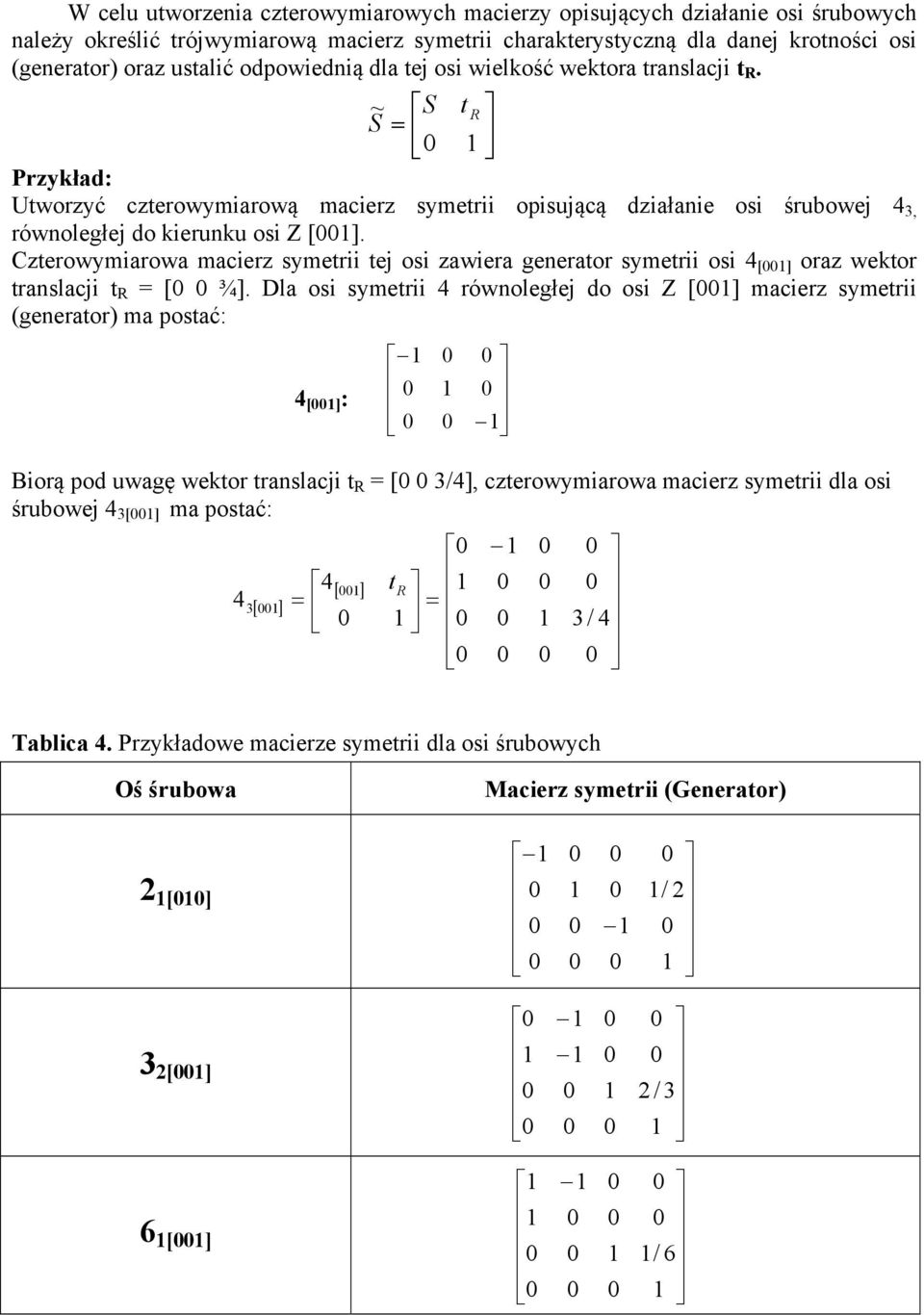 Cterowmiarowa macier smetrii tej osi awiera generator smetrii osi 4 [] ora wektor translacji t R = [ ¾].