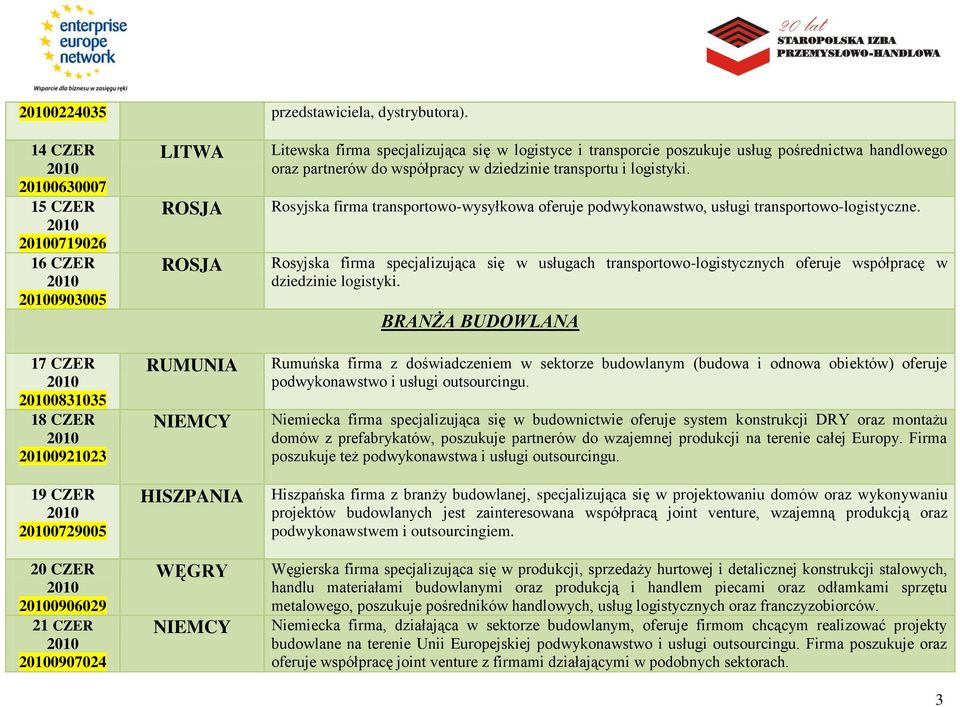 transporcie poszukuje usług pośrednictwa handlowego oraz partnerów do współpracy w dziedzinie transportu i logistyki.