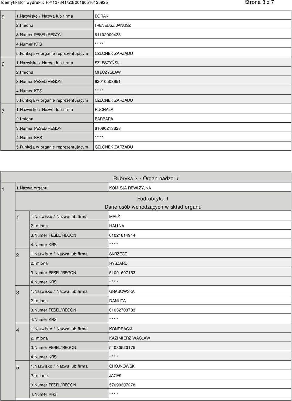Nazwisko / Nazwa lub firma MAŁŻ HALINA 3.Numer PESEL/REGON 61021814944 2 1.Nazwisko / Nazwa lub firma SKRZECZ RYSZARD 3.Numer PESEL/REGON 51091607153 3 1.