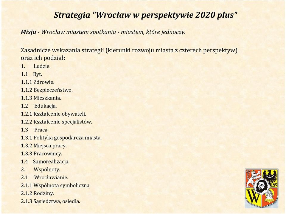 1.1.3 Mieszkania. 1.2 Edukacja. 1.2.1 Kształcenie obywateli. 1.2.2 Kształcenie specjalistów. 1.3 Praca. 1.3.1 Polityka gospodarcza miasta.