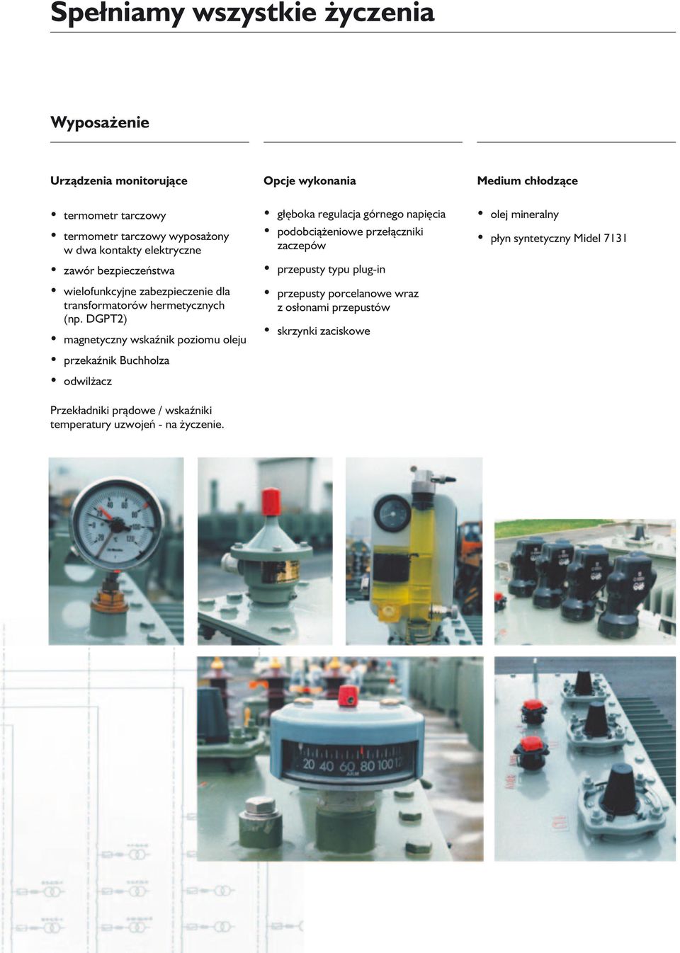 DGPT2) magnetyczny wskaźnik poziomu oleju przekaźnik Buchholza odwilżacz Przekładniki prądowe / wskaźniki temperatury uzwojeń - na życzenie.