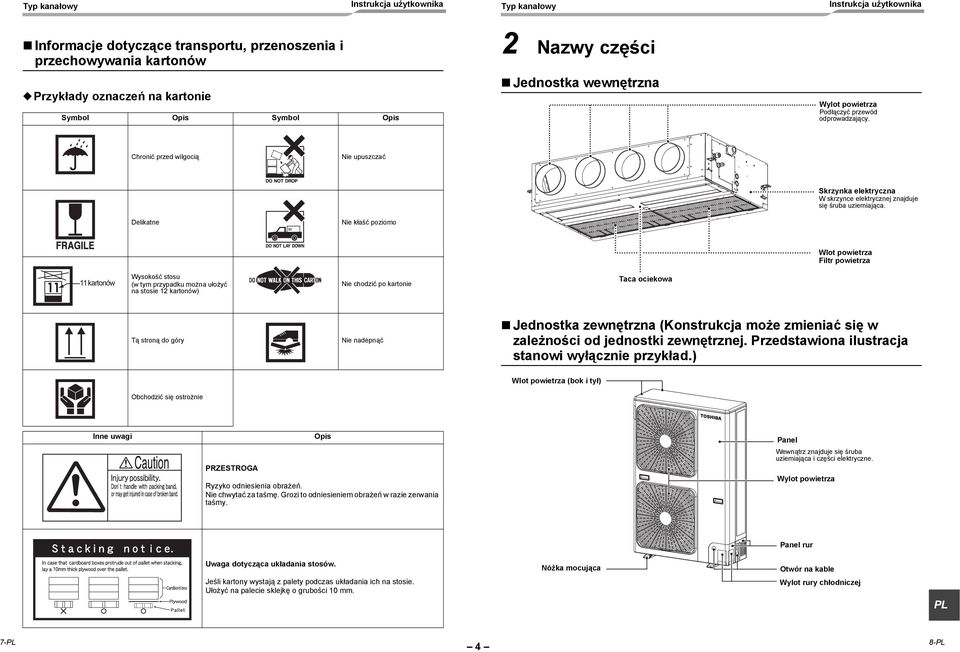 Delikatne Nie kłaść poziomo Wlot powietrza Filtr powietrza 11 kartonów Wysokość stosu (w tym przypadku można ułożyć na stosie 12 kartonów) Nie chodzić po kartonie Taca ociekowa Tą stroną do góry Nie