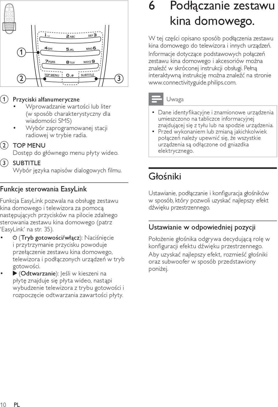 connectivityguide.philips.com. a Przyciski alfanumeryczne Wprowadzanie wartości lub liter (w sposób charakterystyczny dla wiadomości SMS) Wybór zaprogramowanej stacji radiowej w trybie radia.