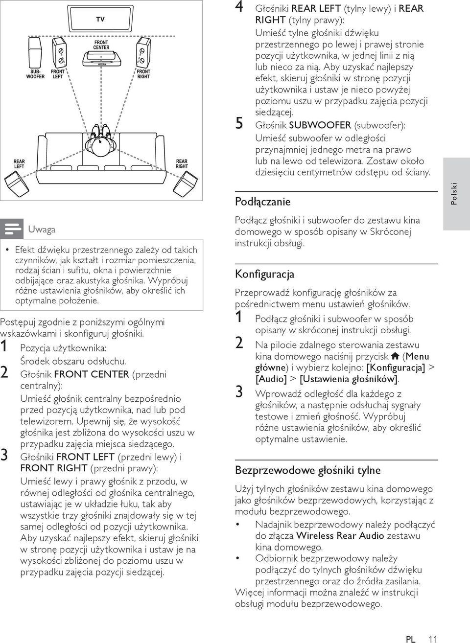 5 Głośnik SUBWOOFER (subwoofer): Umieść subwoofer w odległości przynajmniej jednego metra na prawo lub na lewo od telewizora. Zostaw około dziesięciu centymetrów odstępu od ściany.