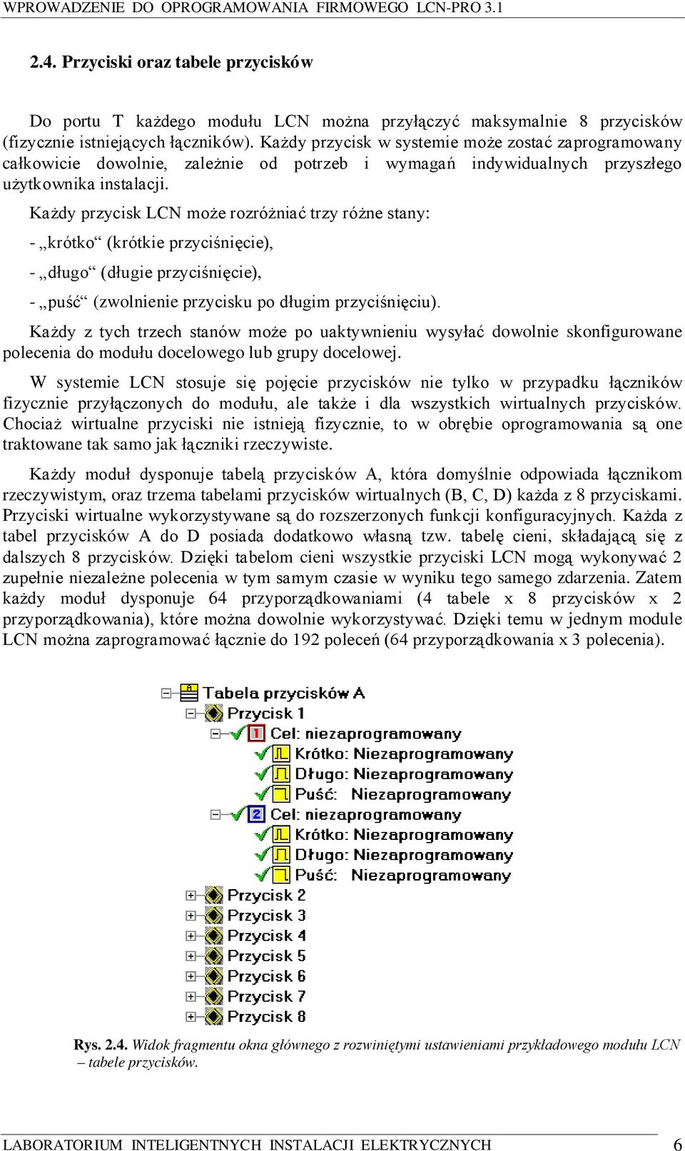 Każdy przycisk LCN może rozróżniać trzy różne stany: - krótko (krótkie przyciśnięcie), - długo (długie przyciśnięcie), - puść (zwolnienie przycisku po długim przyciśnięciu).