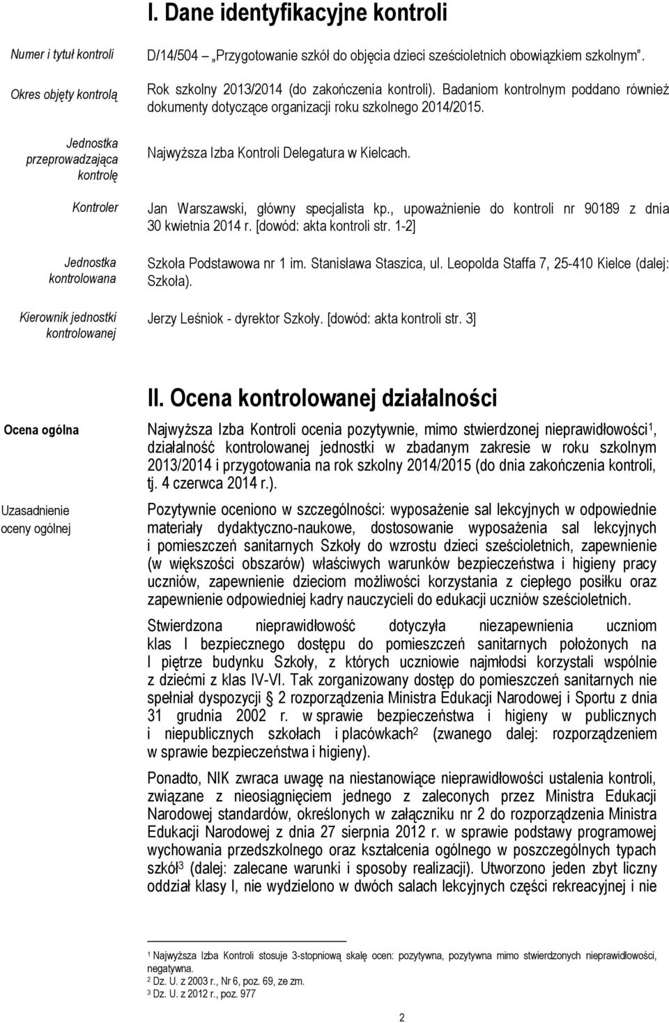 Badaniom kontrolnym poddano również dokumenty dotyczące organizacji roku szkolnego 2014/2015. Najwyższa Izba Kontroli Delegatura w Kielcach. Jan Warszawski, główny specjalista kp.