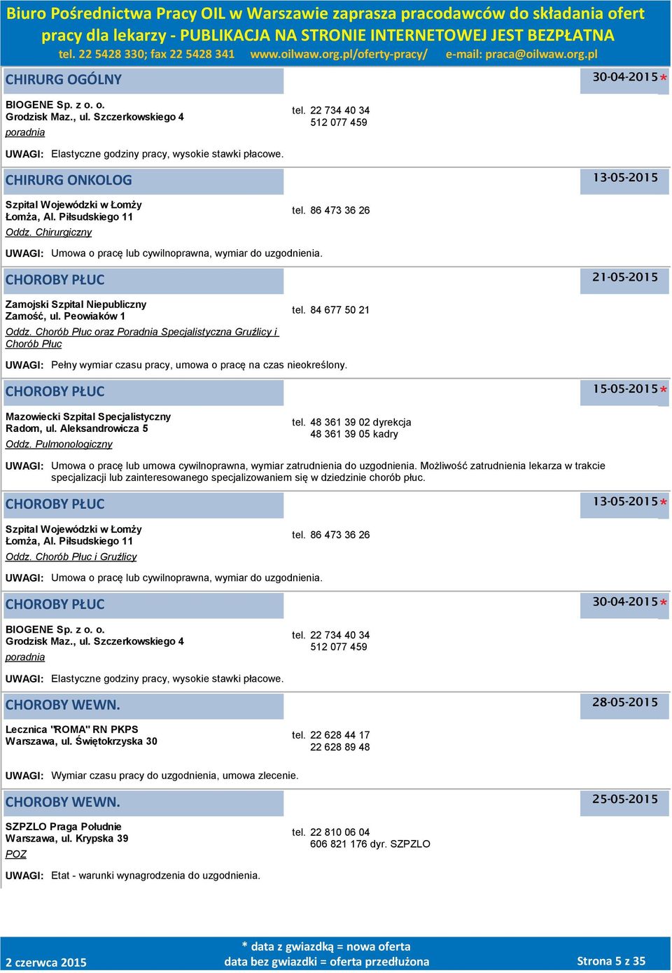 84 677 50 21 UWAGI: Pełny wymiar czasu pracy, umowa o pracę na czas nieokreślony. CHOROBY PŁUC 15-05-2015 Mazowiecki Szpital Specjalistyczny Radom, ul. Aleksandrowicza 5 Oddz. Pulmonologiczny tel.