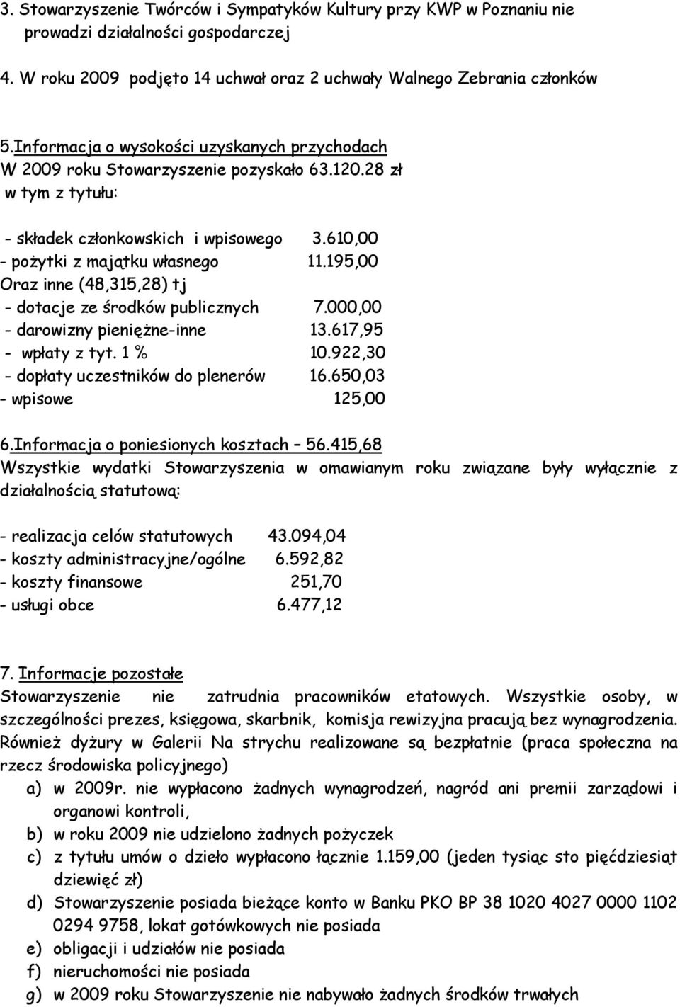 195,00 Oraz inne (48,315,28) tj - dotacje ze środków publicznych 7.000,00 - darowizny pieniężne-inne 13.617,95 - wpłaty z tyt. 1 % 10.922,30 - dopłaty uczestników do plenerów 16.