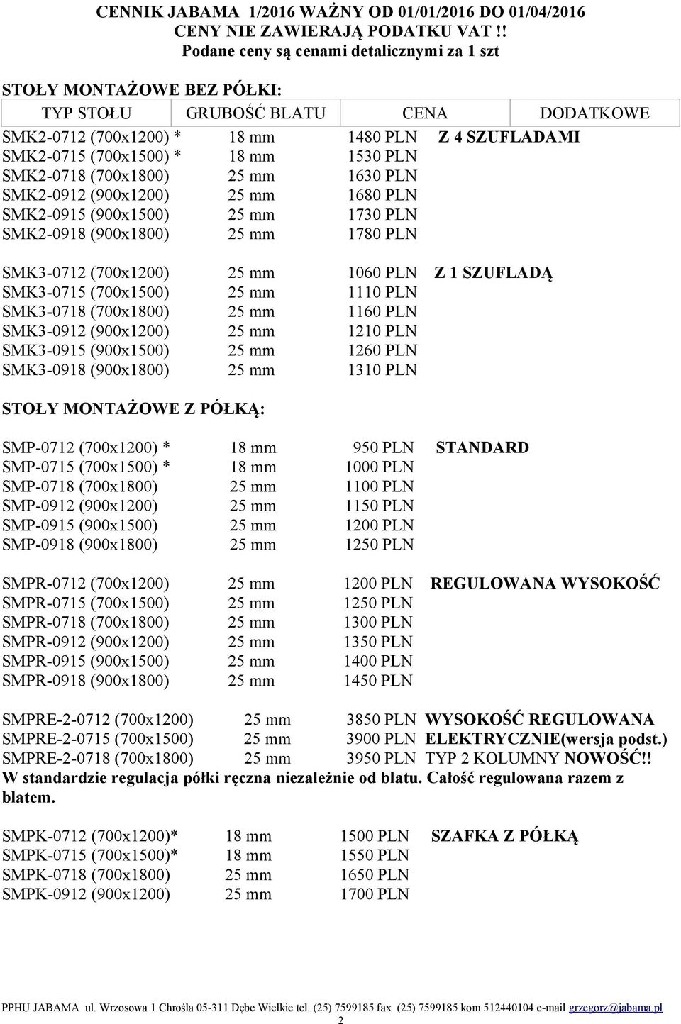 (900x1200) 25 mm 1210 PLN SMK3-0915 (900x1500) 25 mm 1260 PLN SMK3-0918 (900x1800) 25 mm 1310 PLN STOŁY MONTAŻOWE Z PÓŁKĄ: SMP-0712 (700x1200) * 18 mm 950 PLN STANDARD SMP-0715 (700x1500) * 18 mm