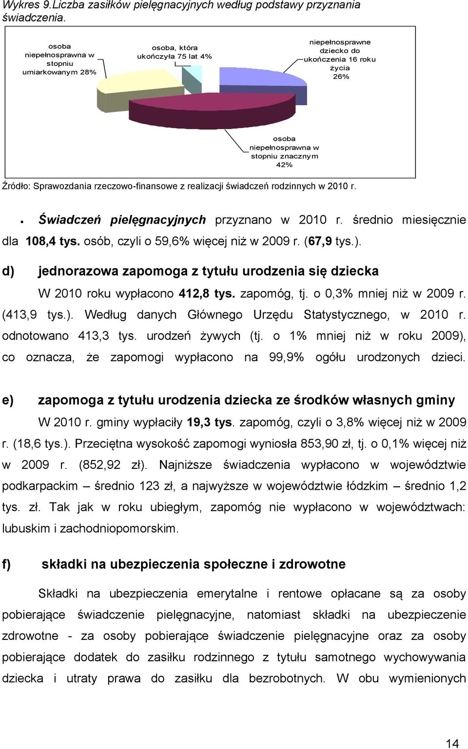 Sprawozdania rzeczowo-finansowe z realizacji świadczeń rodzinnych w 2010 r. Świadczeń pielęgnacyjnych przyznano w 2010 r. średnio miesięcznie dla 108,4 tys. osób, czyli o 59,6% więcej niż w 2009 r.