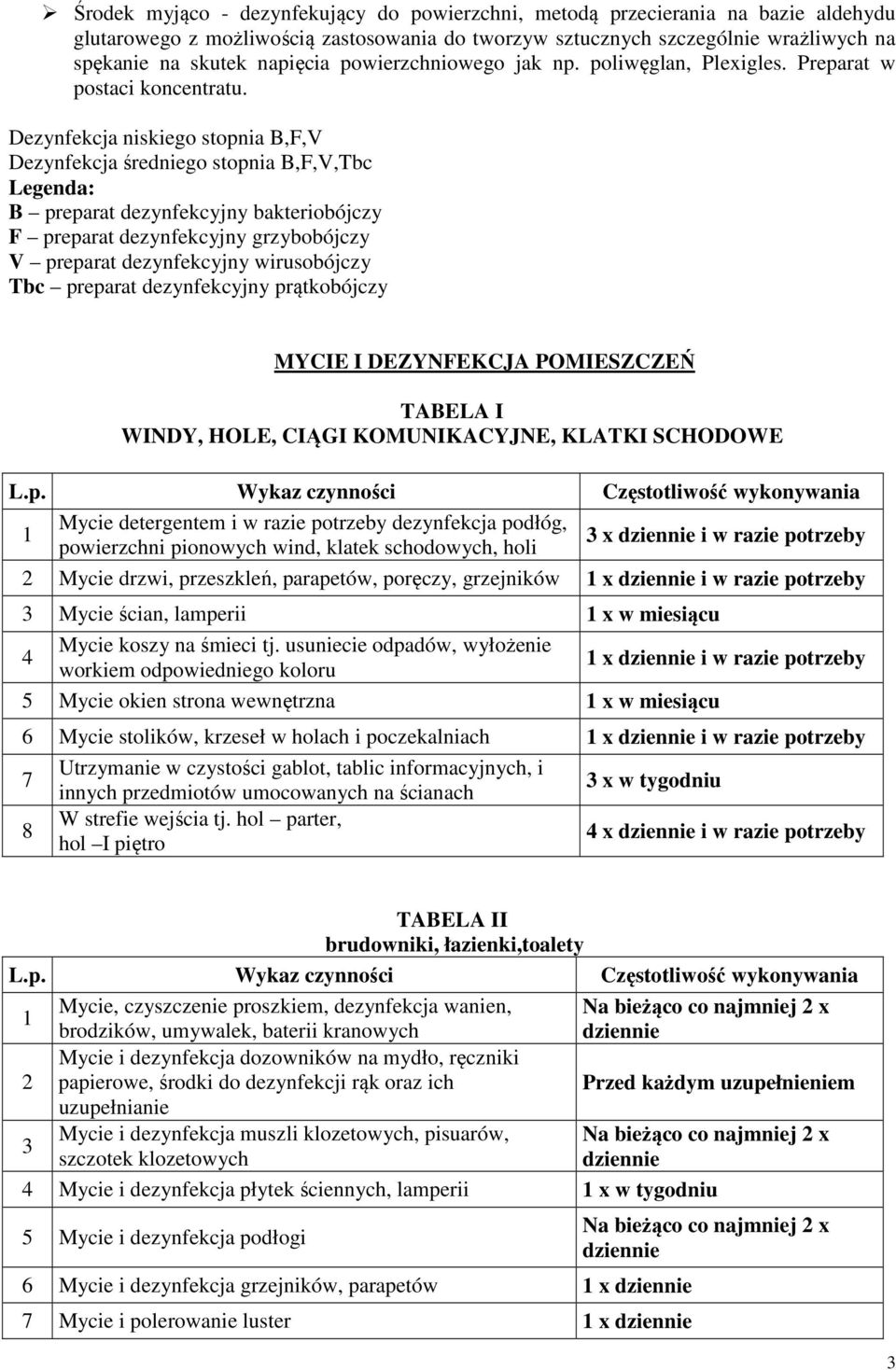 Dezynfekcja niskiego stopnia B,F,V Dezynfekcja średniego stopnia B,F,V,Tbc Legenda: B preparat dezynfekcyjny bakteriobójczy F preparat dezynfekcyjny grzybobójczy V preparat dezynfekcyjny wirusobójczy