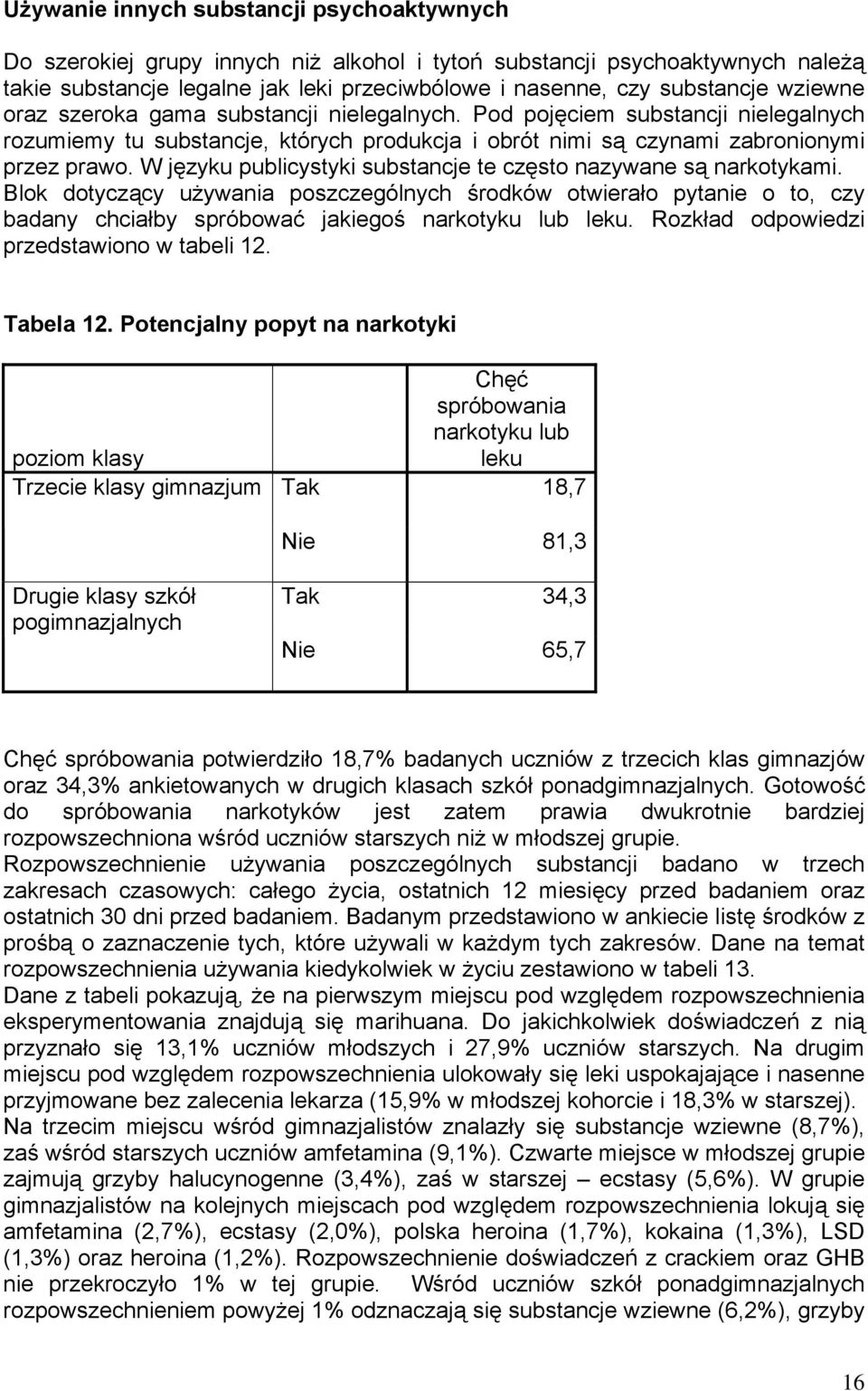 W języku publicystyki substancje te często nazywane są narkotykami. Blok dotyczący używania poszczególnych środków otwierało pytanie o to, czy badany chciałby spróbować jakiegoś narkotyku lub leku.