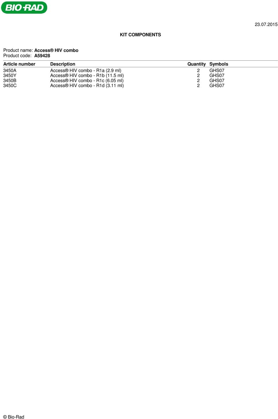 Article number Description Quantity Symbols 3450A Access HIV combo - R1a (2.