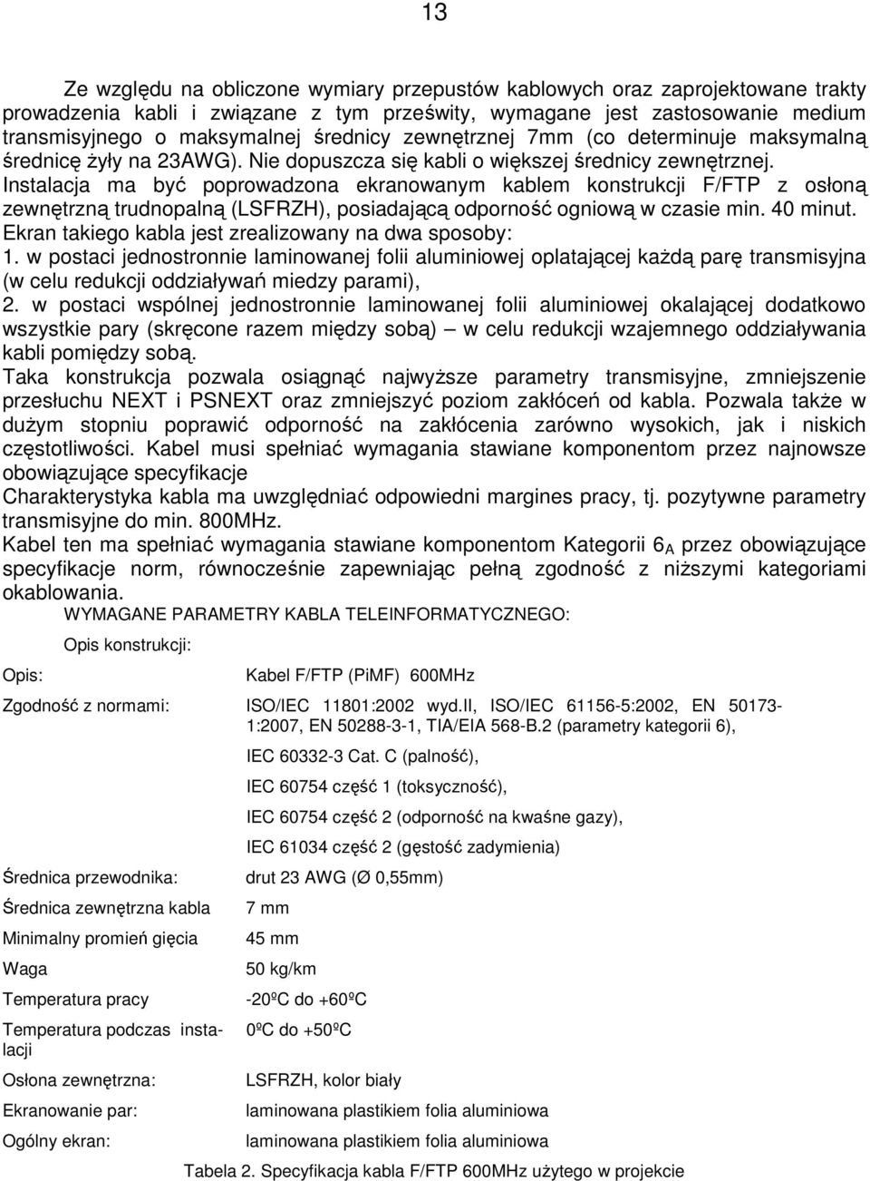 Instalacja ma być pprwadzna ekranwanym kablem knstrukcji F/FTP z słną zewnętrzną trudnpalną (LSFRZH), psiadającą dprnść gniwą w czasie min. 40 minut.