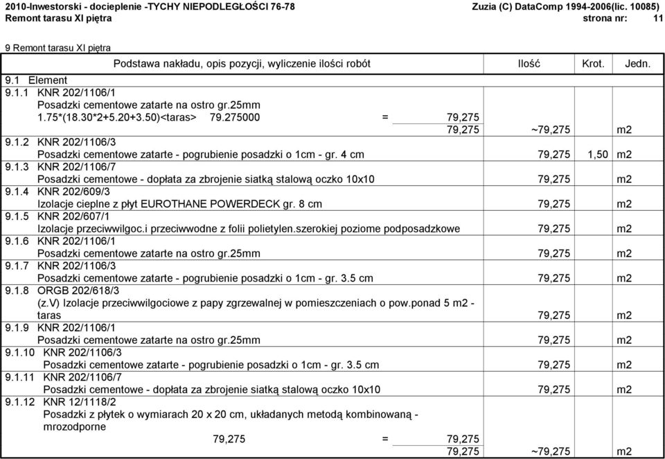 1.4 KNR 202/609/3 Izolacje cieplne z płyt EUROTHANE POWERDECK gr. 8 cm 79,275 m2 9.1.5 KNR 202/607/1 Izolacje przeciwwilgoc.i przeciwwodne z folii polietylen.