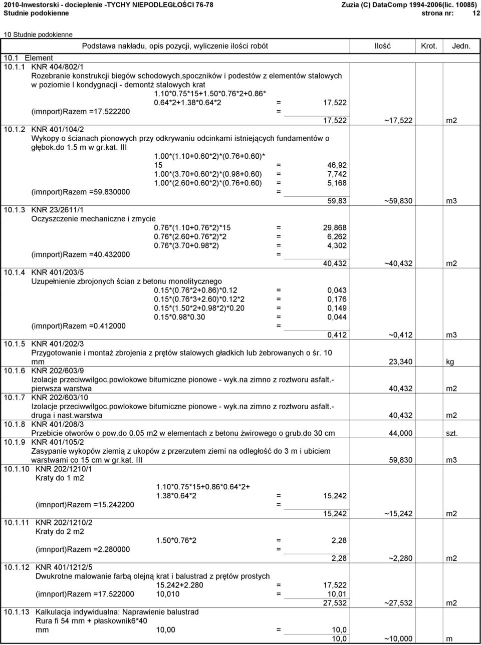 do 1.5 m w gr.kat. III 1.00*(1.10+0.60*2)*(0.76+0.60)* 15 = 46,92 1.00*(3.70+0.60*2)*(0.98+0.60) = 7,742 1.00*(2.60+0.60*2)*(0.76+0.60) = 5,168 (imnport)razem =59.830000 = 59,83 ~59,830 m3 10.1.3 KNR 23/2611/1 Oczyszczenie mechaniczne i zmycie 0.