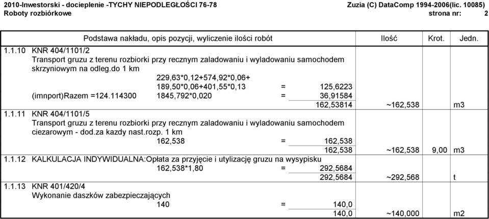 za kazdy nast.rozp. 1 km 162,538 = 162,538 162,538 ~162,538 9,00 m3 1.1.12 KALKULACJA INDYWIDUALNA:Opłata za przyjęcie i utylizację gruzu na wysypisku 162,538*1,80 = 292,5684 292,5684 ~292,568 t 1.