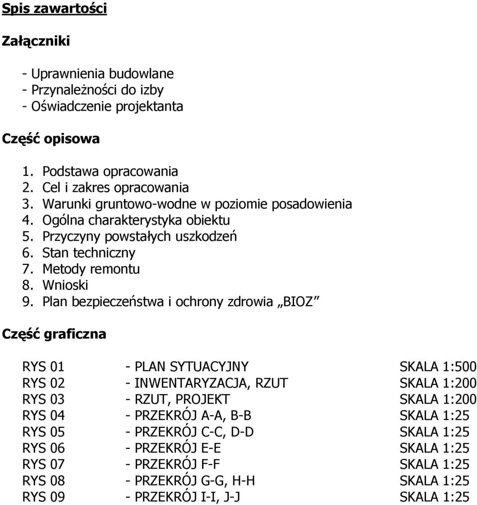 Plan bezpieczeństwa i ochrony zdrowia BIOZ Część graficzna RYS 01 - PLAN SYTUACYJNY SKALA 1:500 RYS 02 - INWENTARYZACJA, RZUT SKALA 1:200 RYS 03 - RZUT, PROJEKT SKALA 1:200 RYS 04 -