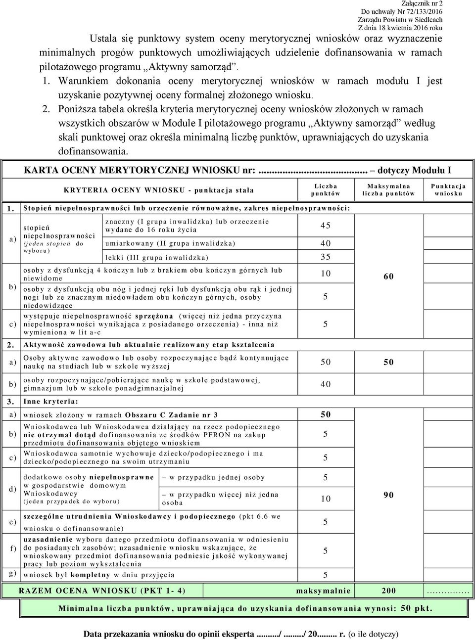 Poniższa tabela określa kryteria merytorycznej oceny wniosków złożonych w ramach wszystkich obszarów w Module I pilotażowego programu Aktywny samorząd według skali punktowej oraz określa minimalną