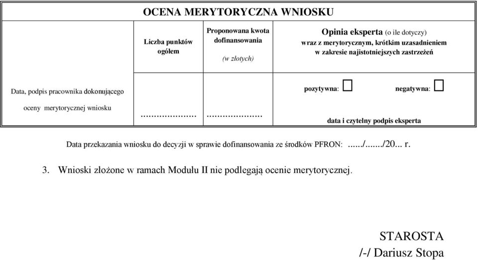 pozytywna: negatywna: oceny merytorycznej wniosku.