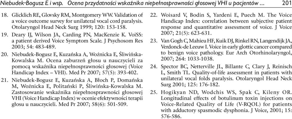 VoiSS: a patient derived Voice Symptom Scale. J Psychosom Res 2003; 54: 483-489. 20. Niebudek-Bogusz E, Kuzańska A, Woźnicka E, Śliwińska- Kowalska M.