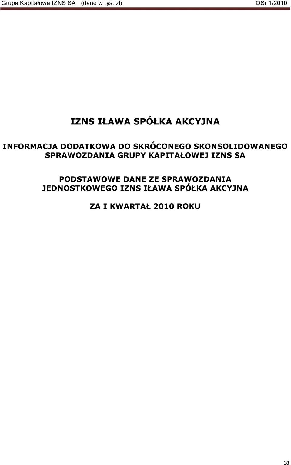 KAPITAŁOWEJ IZNS SA PODSTAWOWE DANE ZE SPRAWOZDANIA