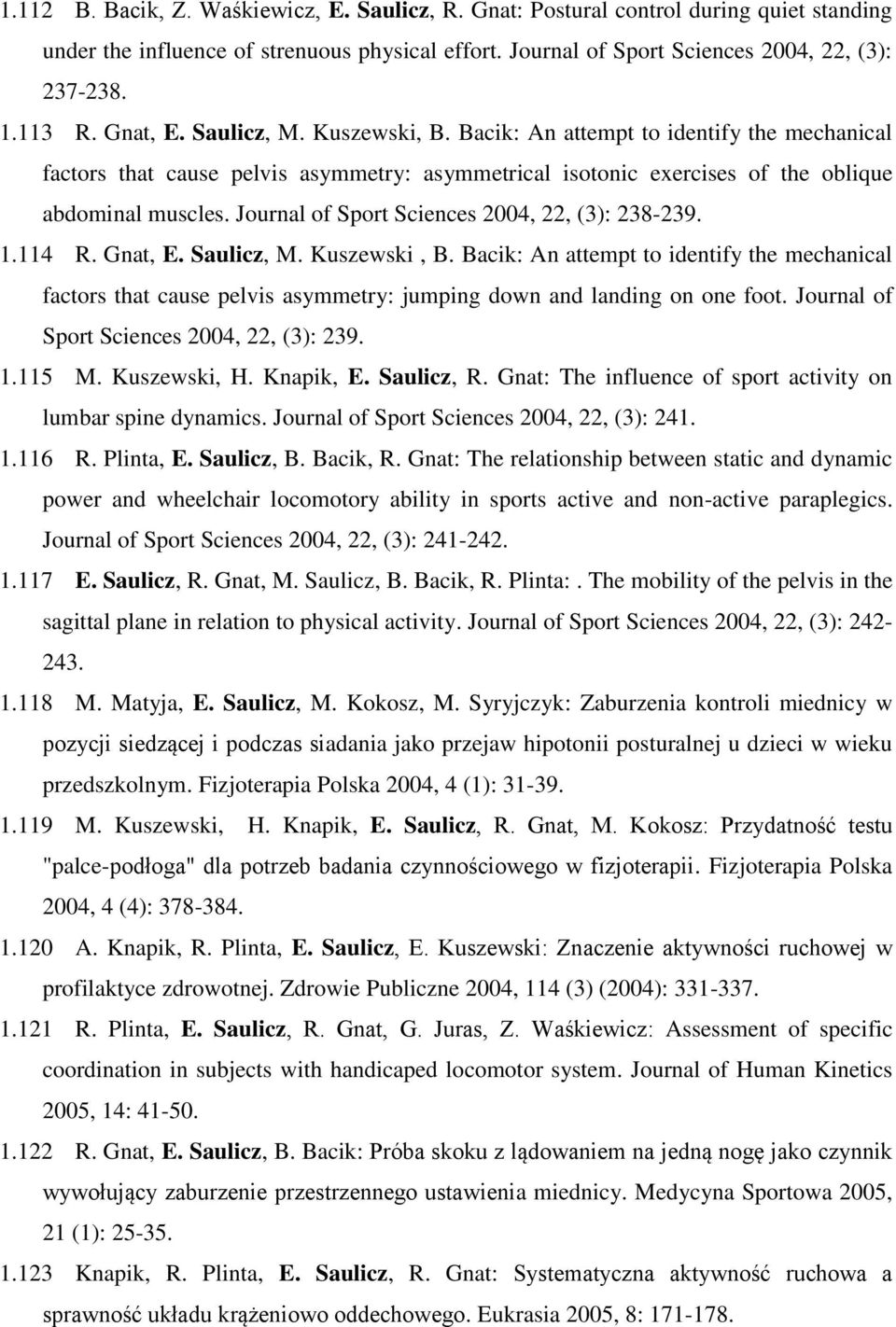 Journal of Sport Sciences 2004, 22, (3): 238-239. 1.114 R. Gnat, E. Saulicz, M. Kuszewski, B.