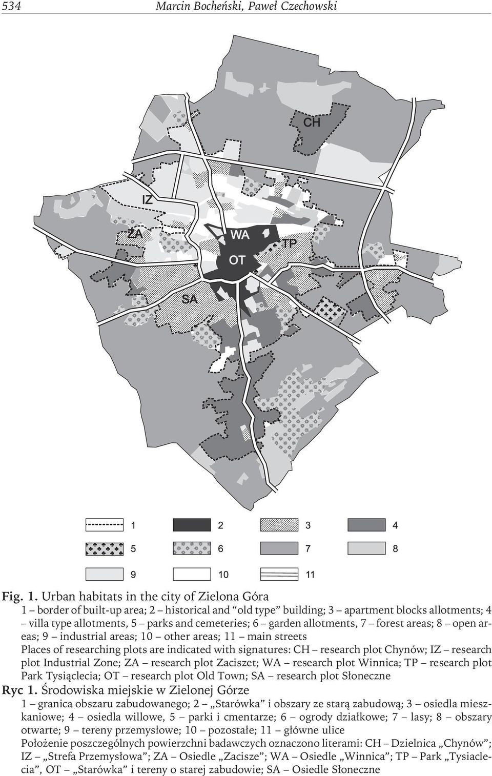 allotments, 7 forest areas; 8 open areas; 9 industrial areas; 10 other areas; 11 main streets Places of researching plots are indicated with signatures: CH research plot Chynów; IZ research plot