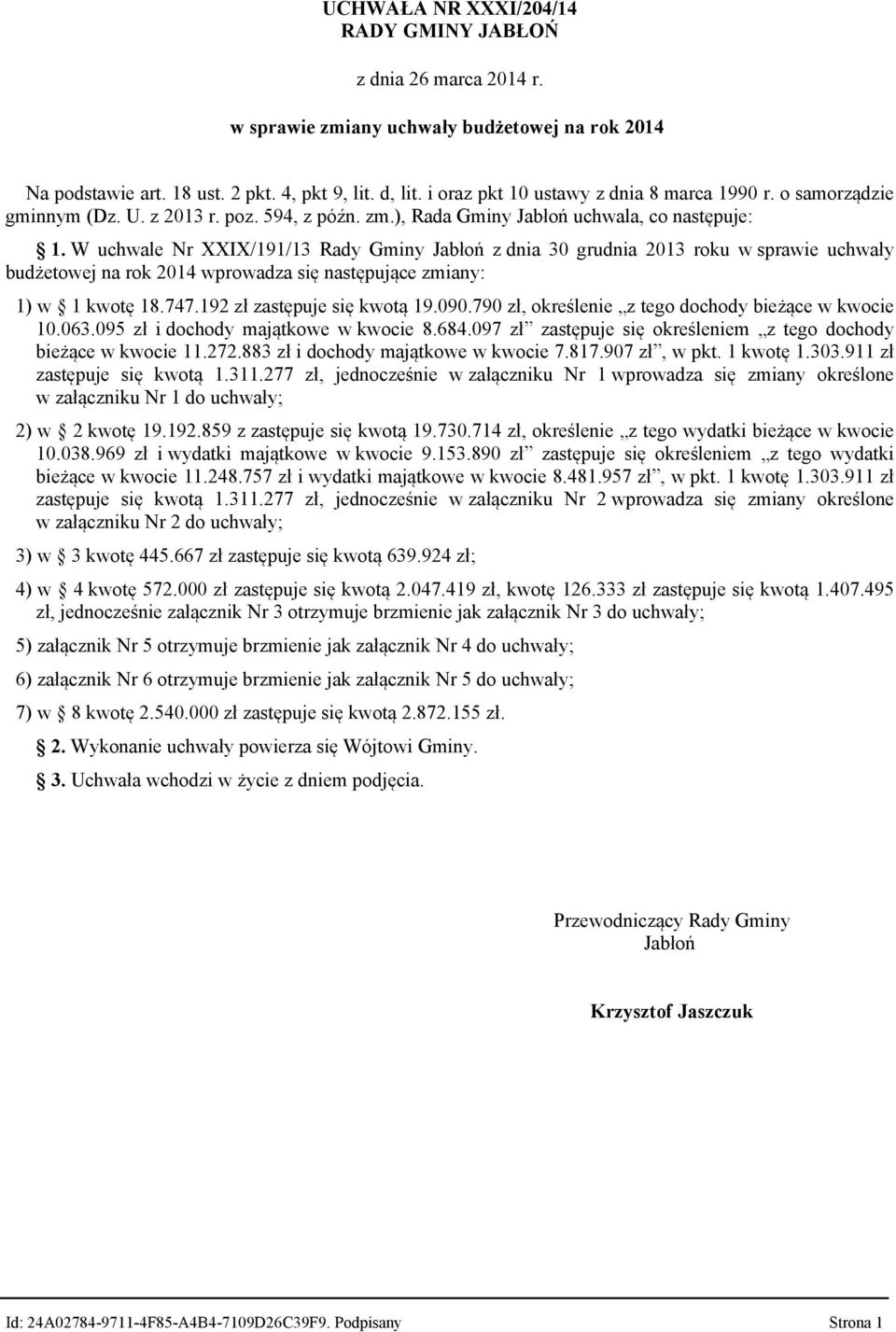 W uchwale Nr XXIX/191/13 z dnia 30 grudnia 2013 roku w sprawie uchwały budżetowej na rok 2014 wprowadza się następujące zmiany: 1) w 1 kwotę 18.747.192 zł zastępuje się kwotą 19.090.