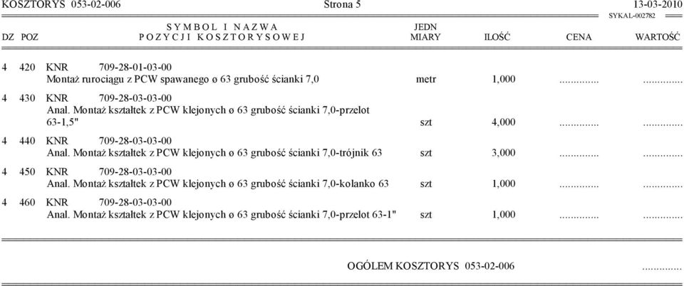 ..... 4 440 KNR 709-28-03-03-00 Anal. Montaż kształtek z PCW klejonych ø 63 grubość ścianki 7,0-trójnik 63 szt 3,000...... 4 450 KNR 709-28-03-03-00 Anal.