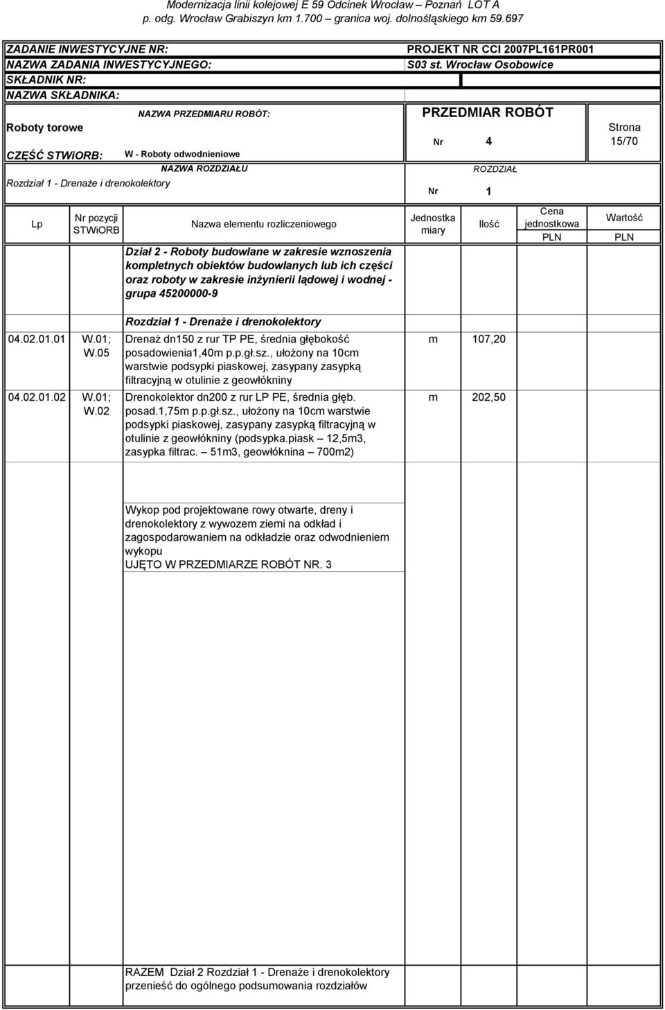 piask 12,5m3, zasypka filtrac. 51m3, geowłóknina 700m2) m 107,20 m 202,50 Wykop pod projektowane rowy otwarte, dreny i drenokolektory z wywozem ziemi na odkład i wykopu UJĘTO W PRZEDMIARZE ROBÓT NR.